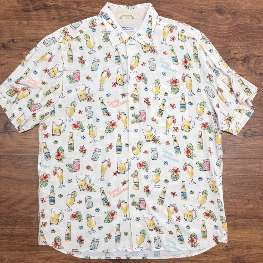 Tommy Bahama Mens Large Veracruz Cay Brewhama SS Button-Up Shirt Beer Resortwear